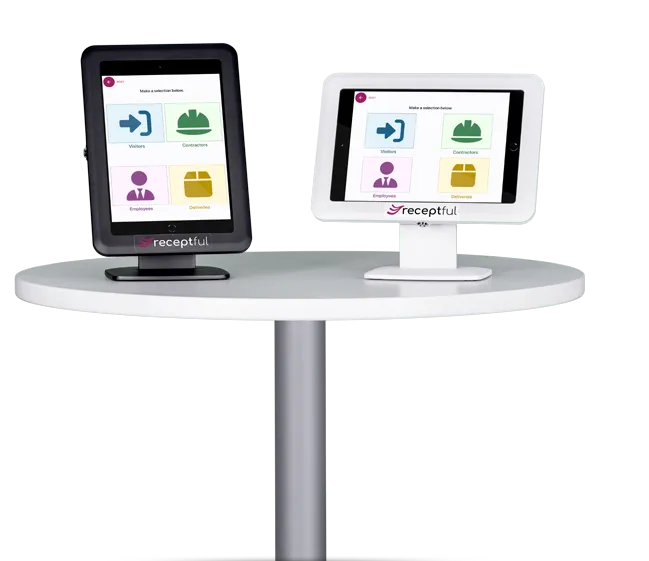 Receptful Visitor Management desk stands in black and white