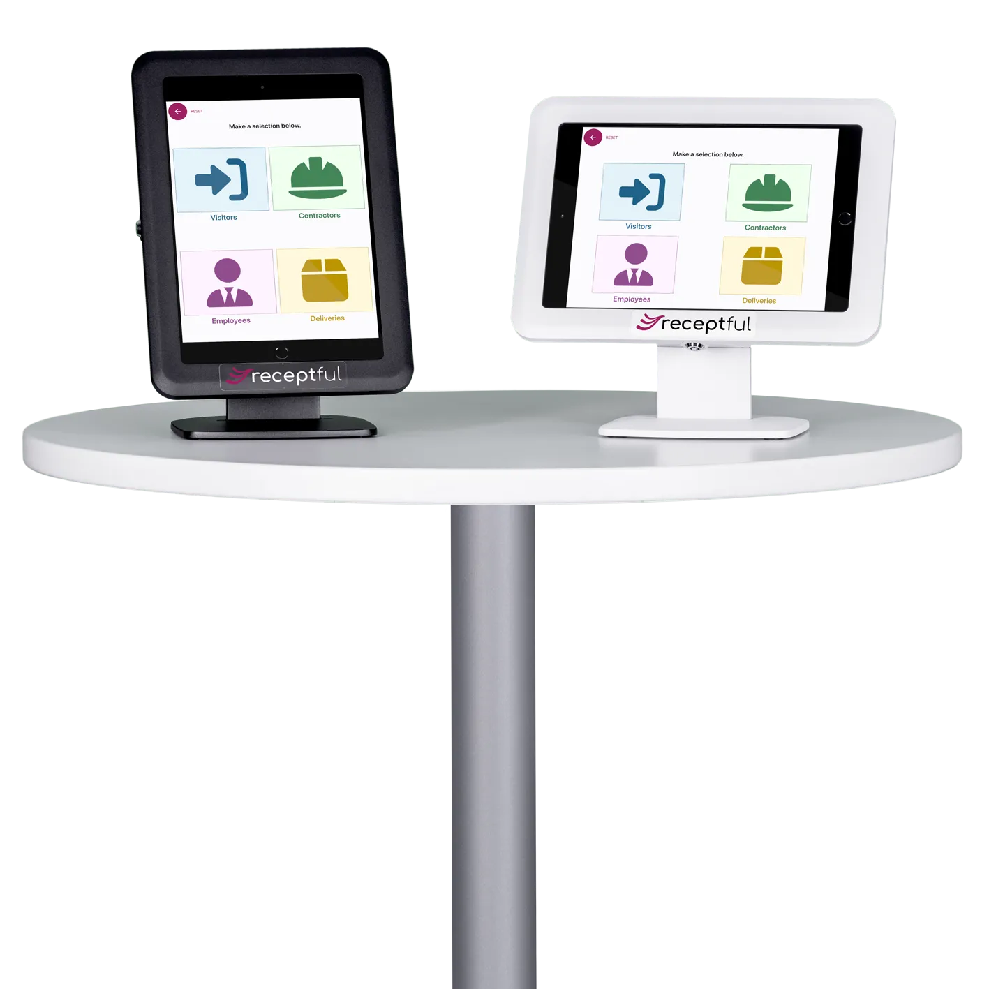 Receptful visitor management system desk stands on table in black and white