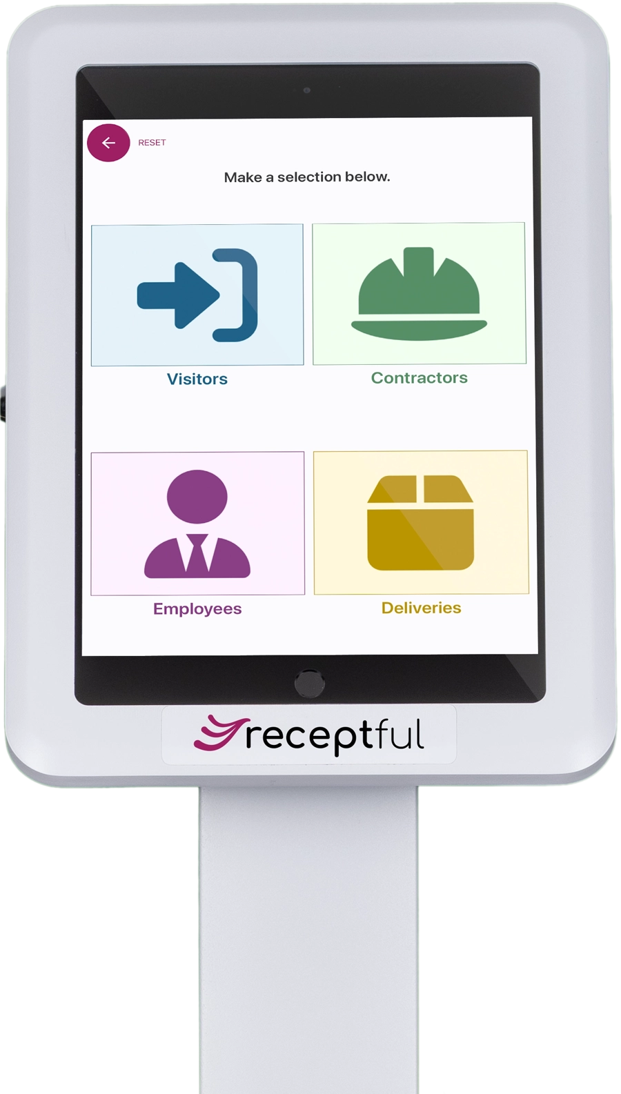 Receptful visitor management system check-in button screen